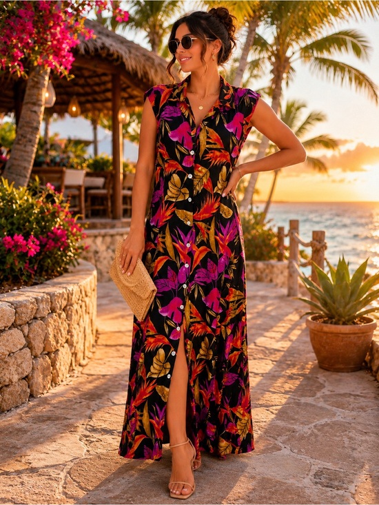 Dresses & Skirts - California Krush Tropical Print Maxi Dress L 100% Rayon Resort Vacation Dress
